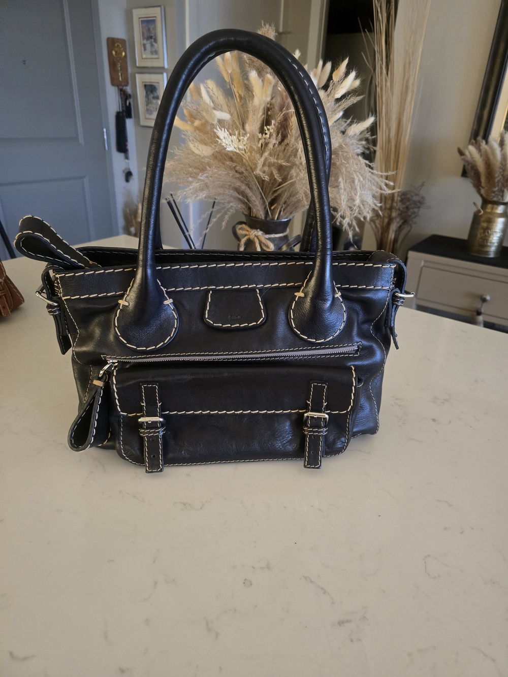 CHLOE Black Leather Satchel Handbag with Contrast Stitching
